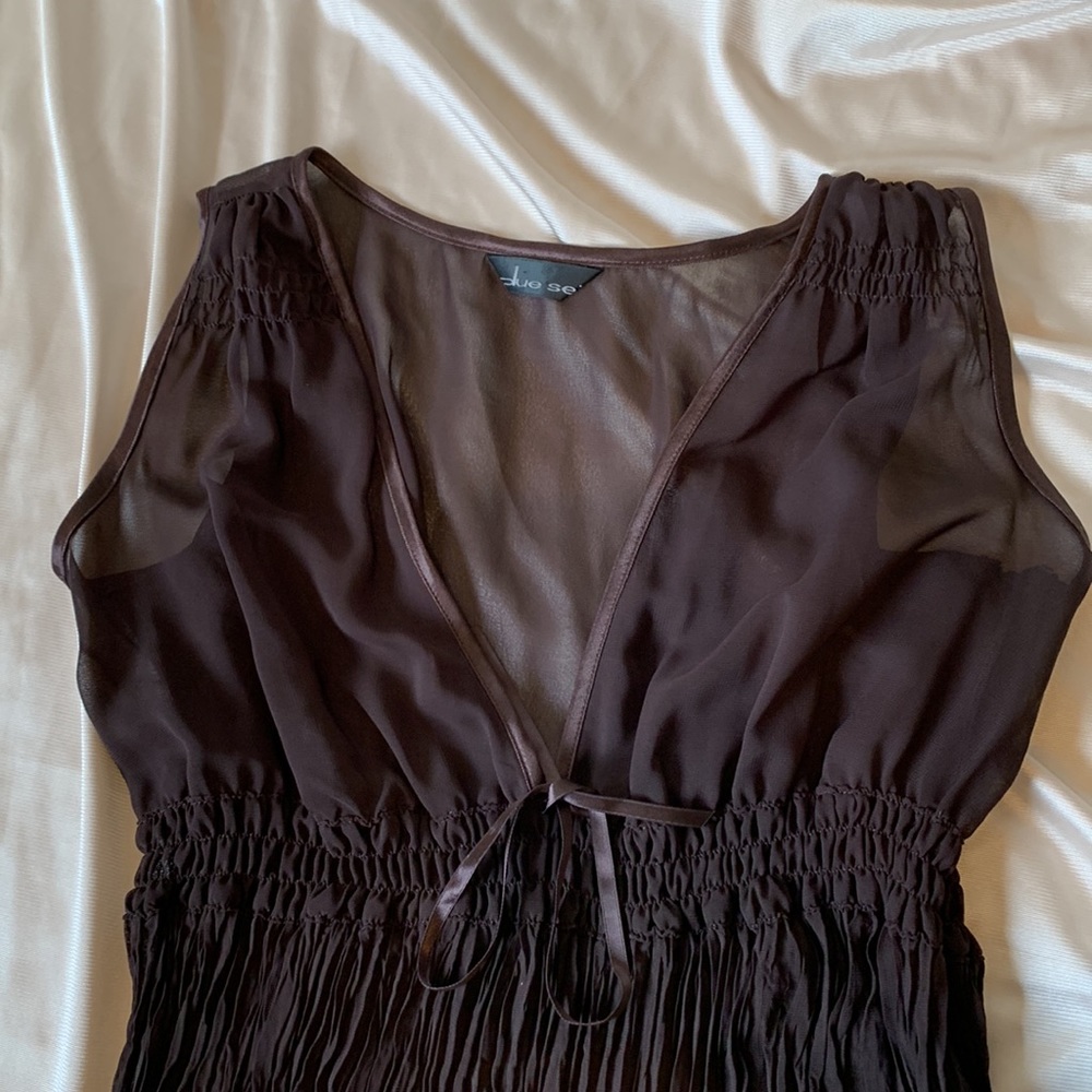 Chocolate Brown Sheer Midi V-Neck Dress | Mesh Pleated A-line Dress | Size S / M - Picture 2 of 11